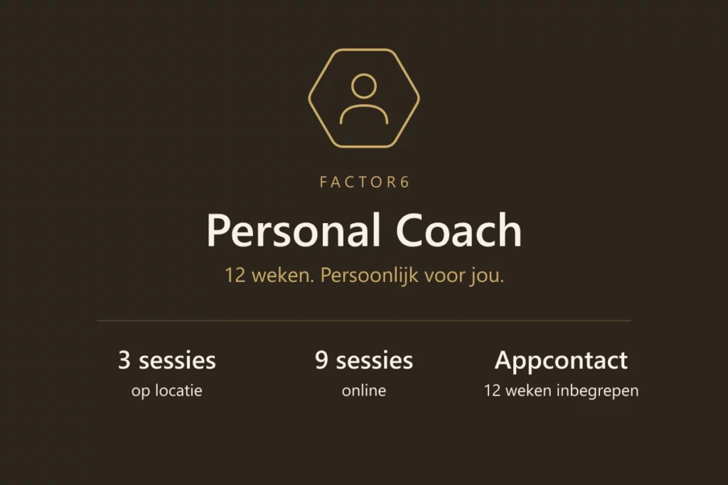 Factor6 Personal Coach: 12 weken, 3 sessies op locatie, 9 online sessies en appcontact inbegrepen.