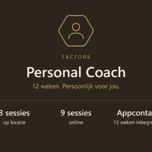 Factor6 Personal Coach: 12 weken, 3 sessies op locatie, 9 online sessies en appcontact inbegrepen.