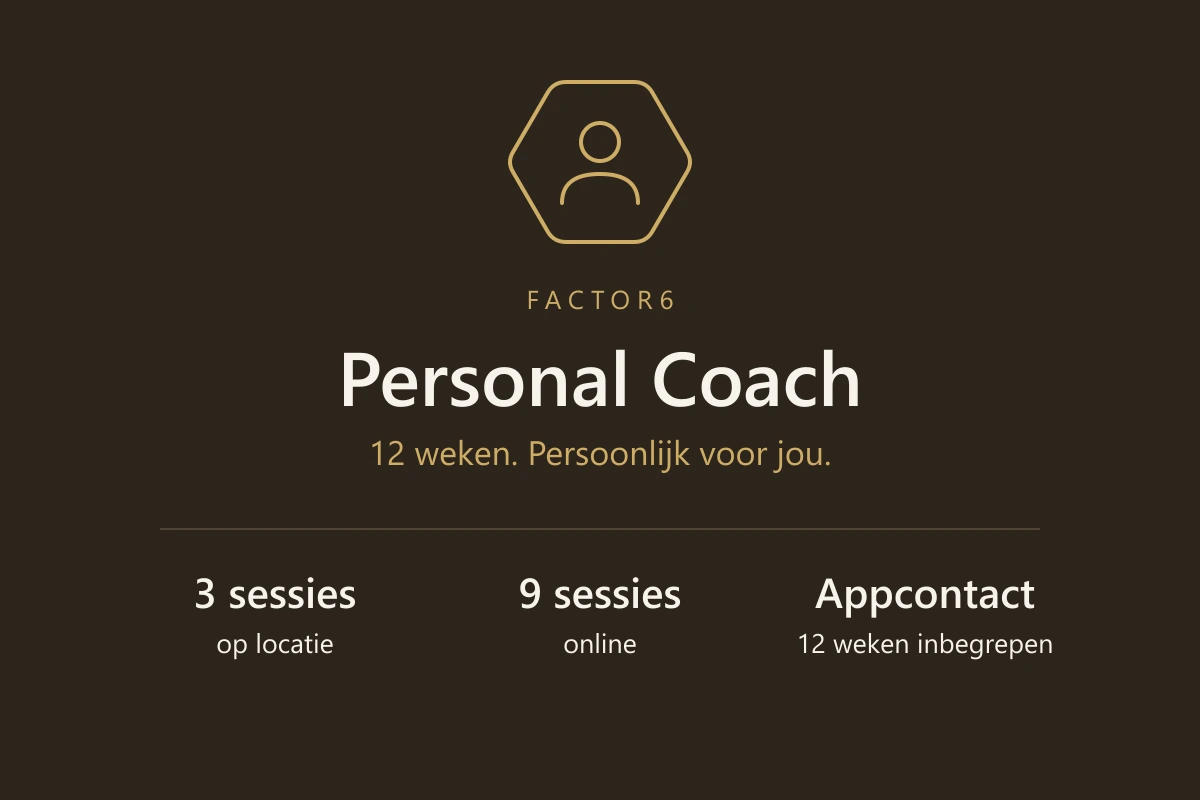 Factor6 Personal Coach: 12 weken, 3 sessies op locatie, 9 online sessies en appcontact inbegrepen.